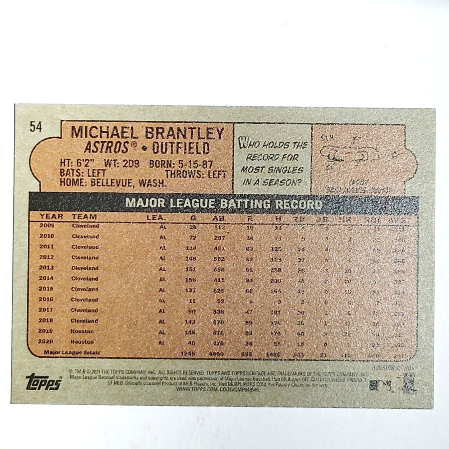 2021 Topps Heritage Michael Brantley 54 Houston Astros Outfield VG/EX