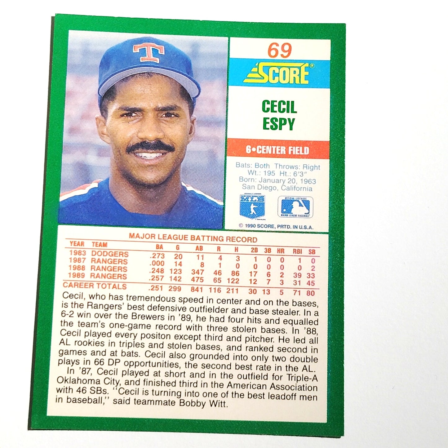 1990 Score Cecil Espy Card No. 69 Texas Rangers OF VG/EX