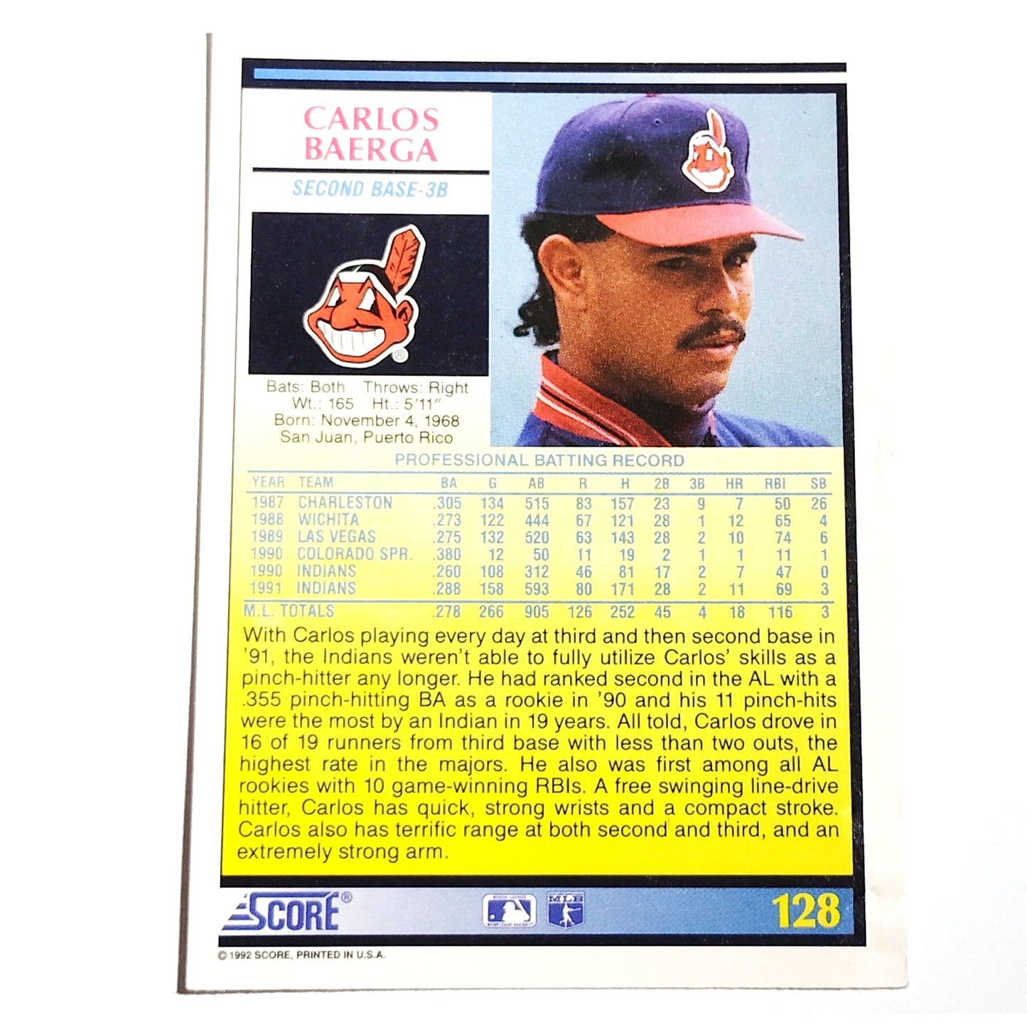 1992 Score Carlos Baerga #128 Cleveland Indians Second Baseman MLB Baseball EX