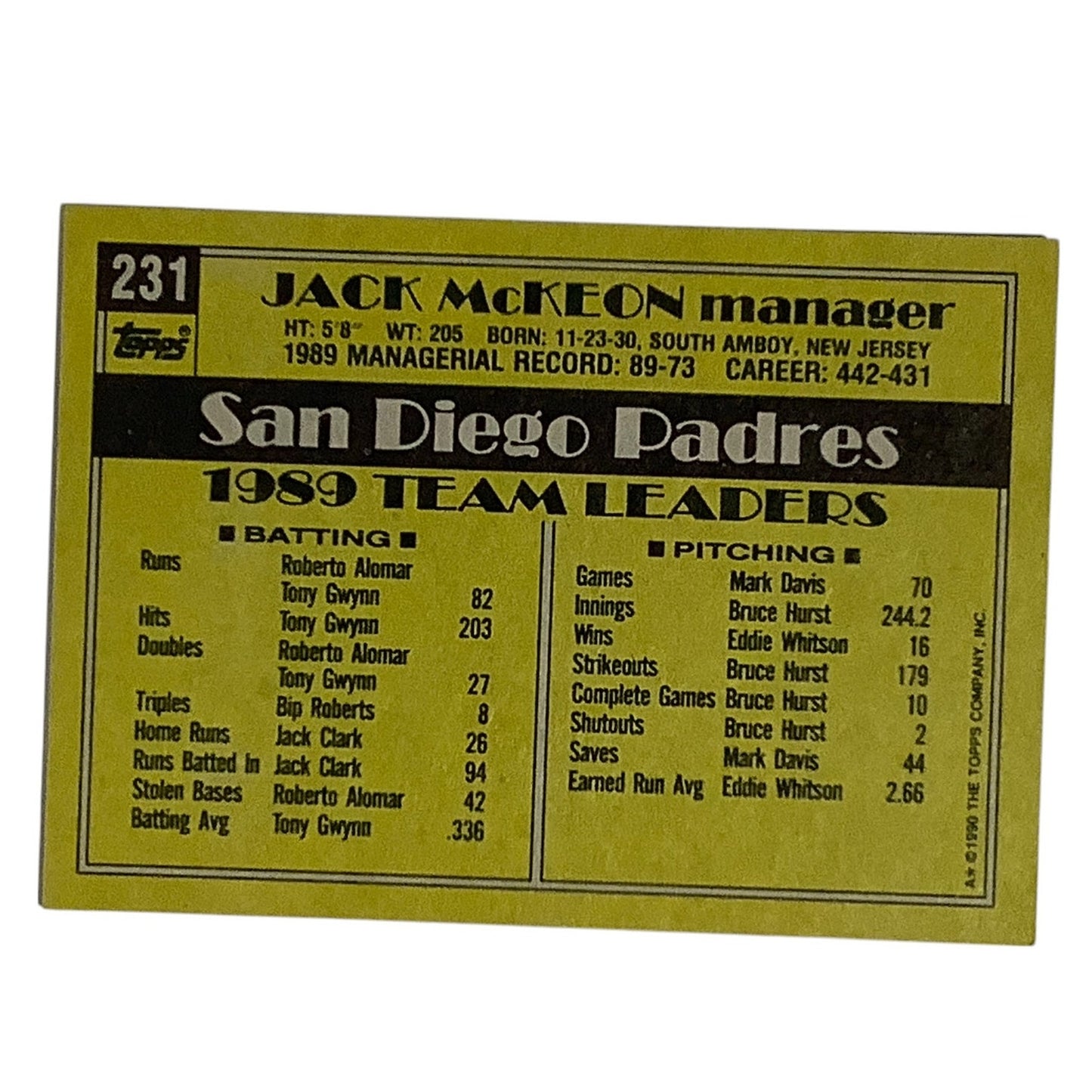 Jack McKeon, San Diego Padres, MLB, 1990 Topps Card 231, EX/NM