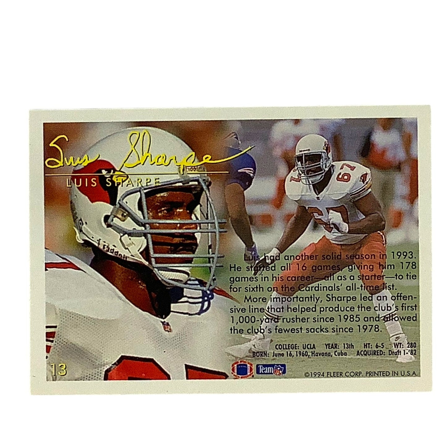 Luis Sharpe, Arizona Cardinals, NFL Fleer 1994 Card 13, EX/NM
