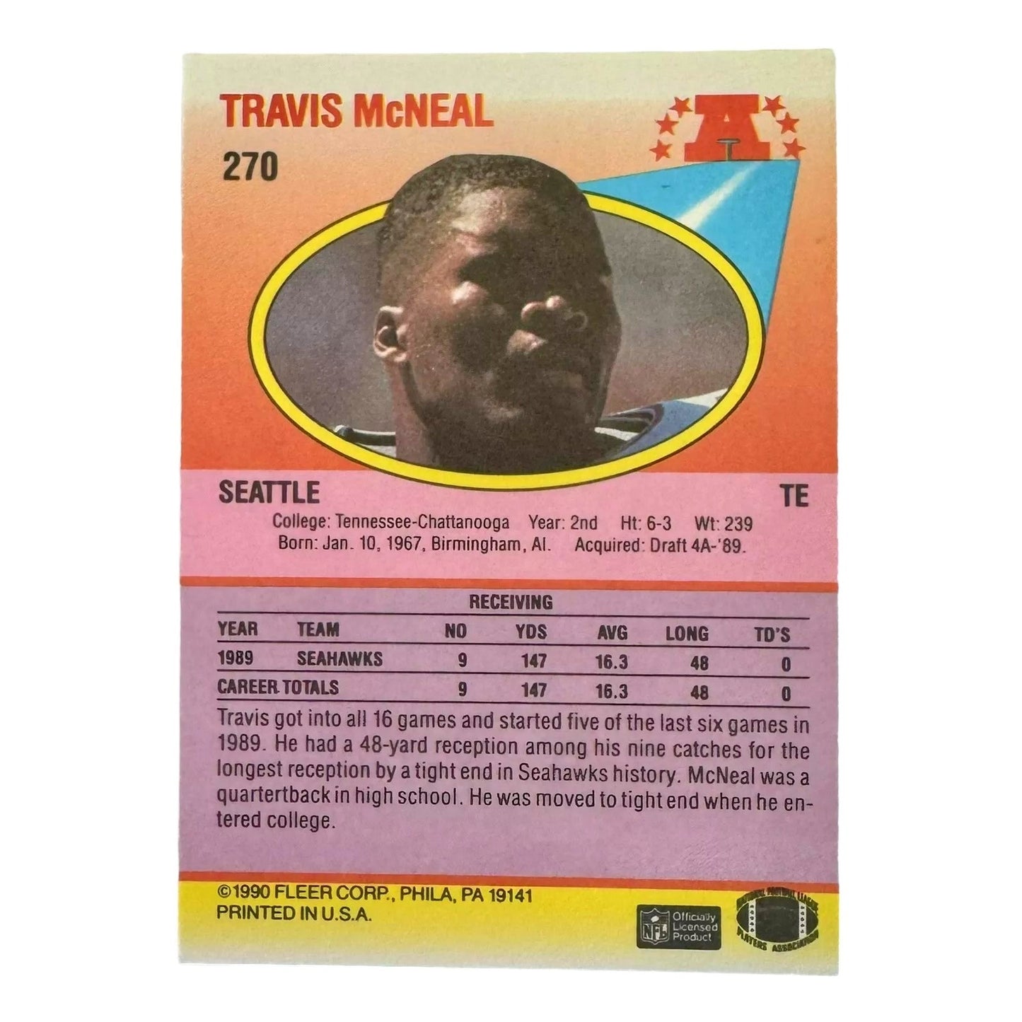 1990 Fleer Football, Travis McNeal #270, Seattle Seahawks, NM