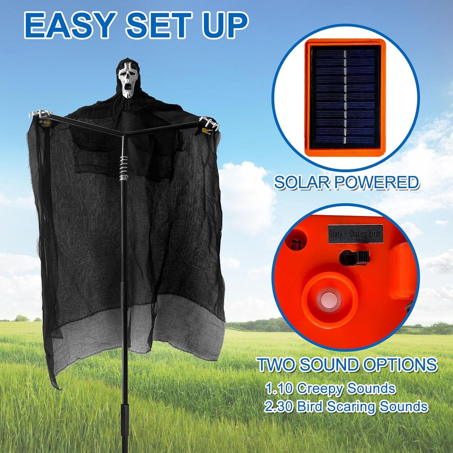 Ghost Scarecrow Outdoor Bird Control w/ Glowing Eyes & Sounds 2-in-1 Yard Decor