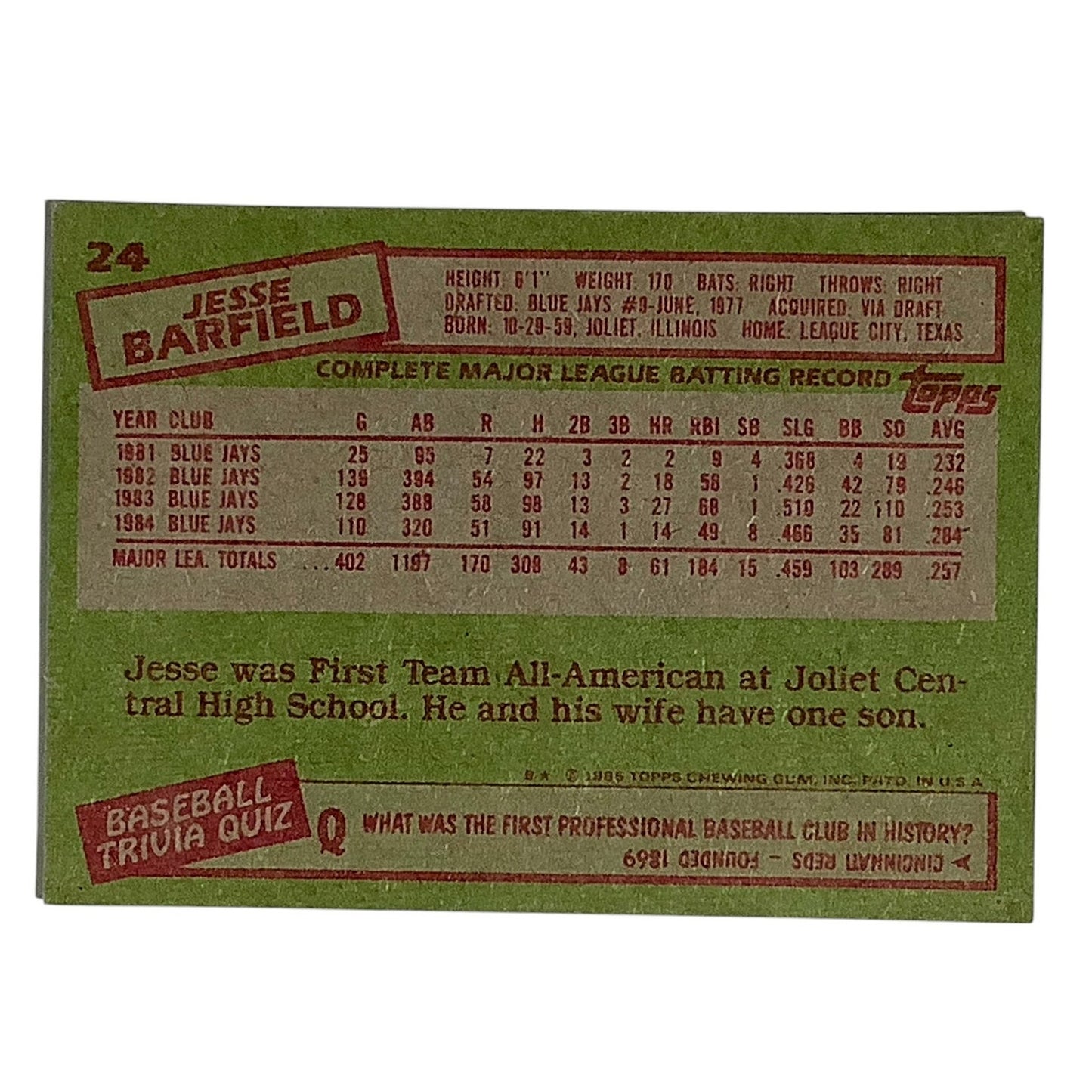 Jesse Barfield, Toronto Blue Jays, MLB, 1985 Topps Card 24, EX/NM