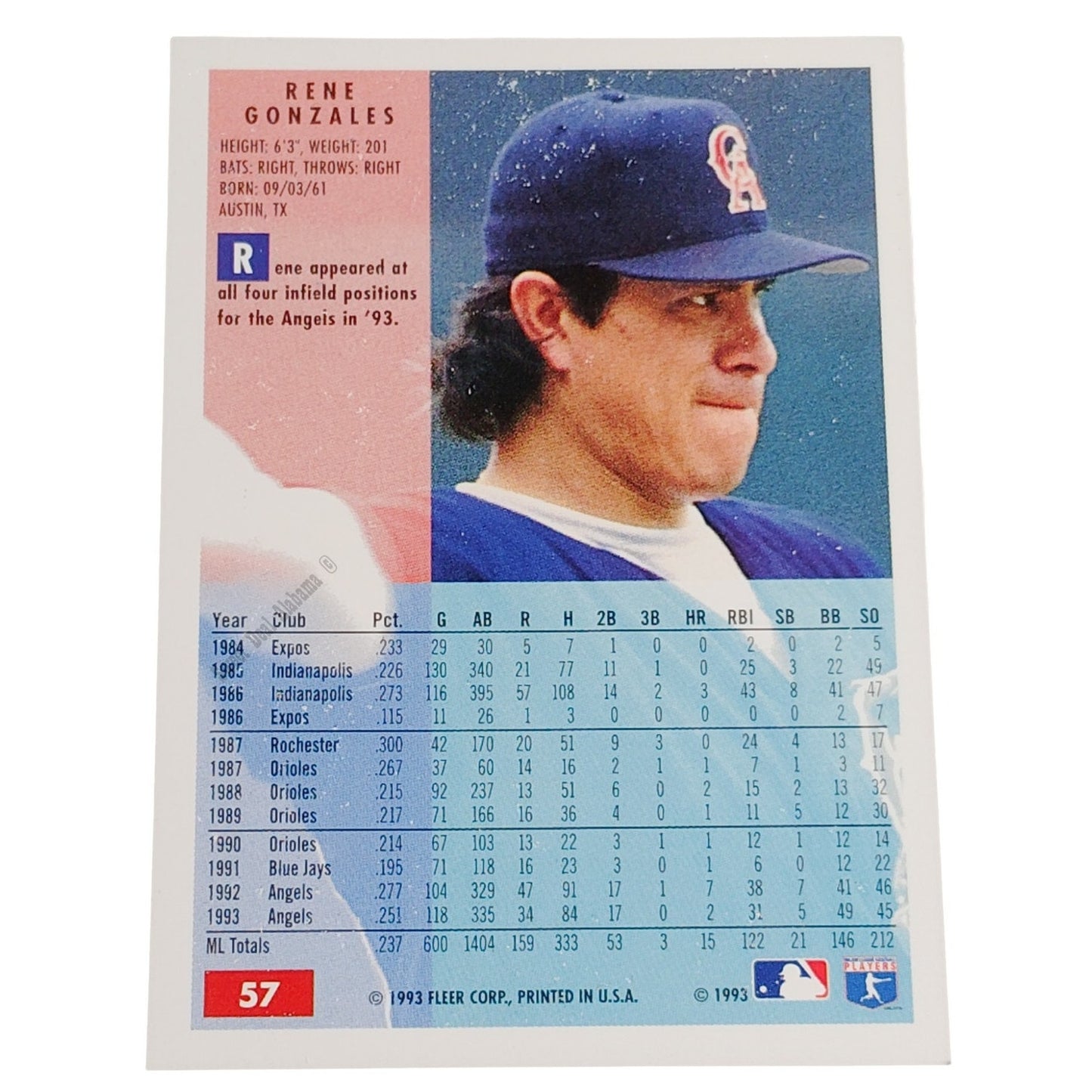 Rene Gonzales, California Angels, #57, 1994 Fleer Baseball Collector's Card