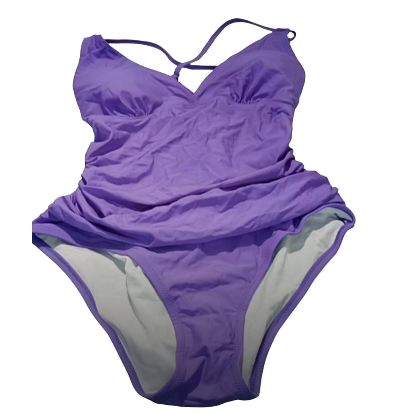One Piece Swimsuit Tummy Control Sexy Criss Cross Back, Ruched Swimwear, Large