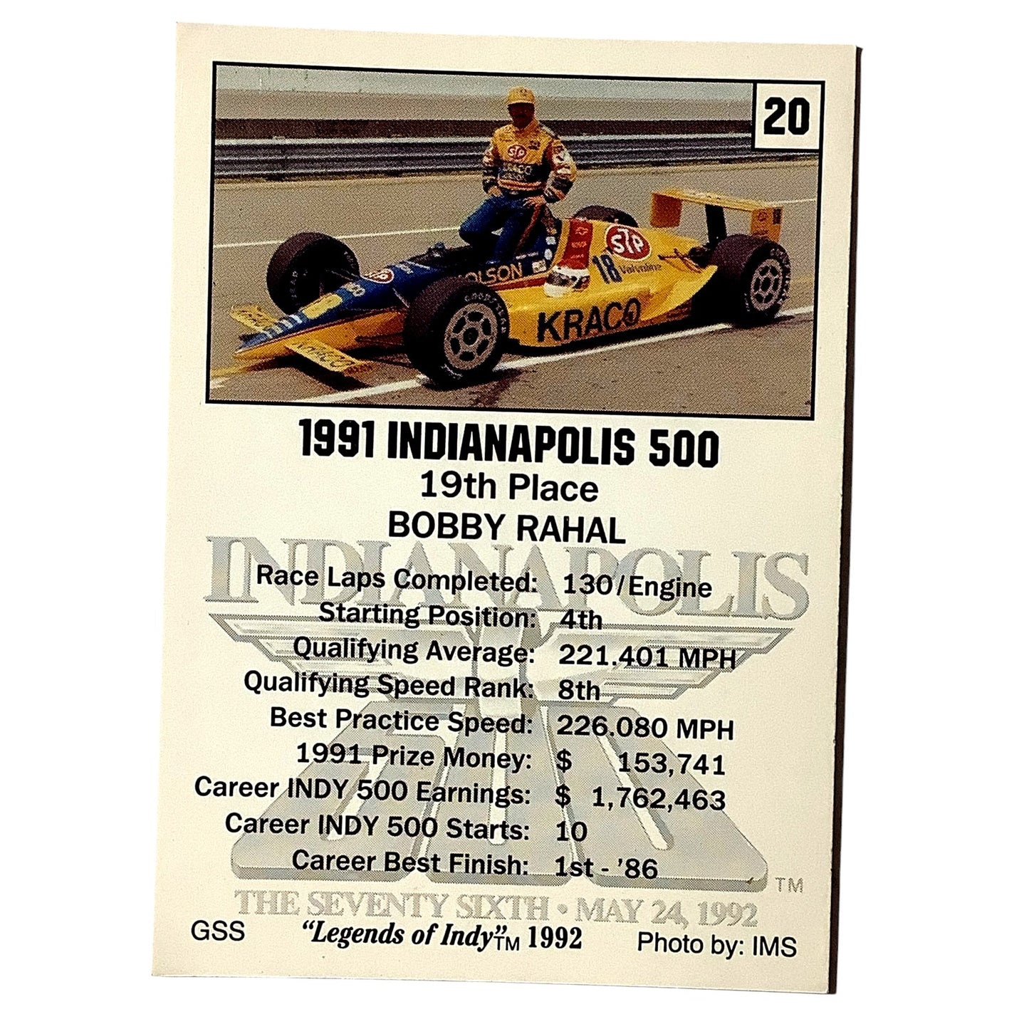 Bobby Rahal 19th Place Indy 500, 1991 Action, 1992 Legends of Indy, Card No.20