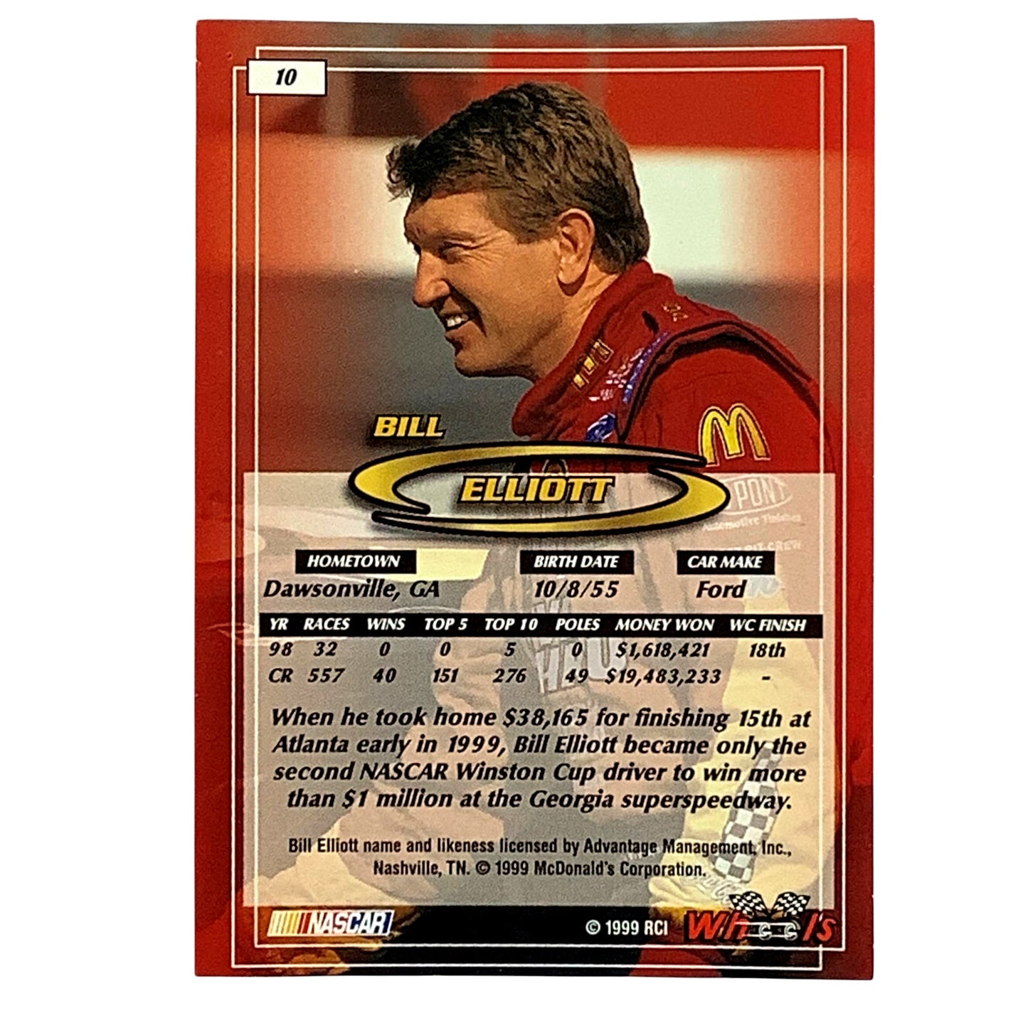 Bill Elliott, Sponsor: McDonald's, Card 10, 1999 Wheels NASCAR Winston Cup, NM+