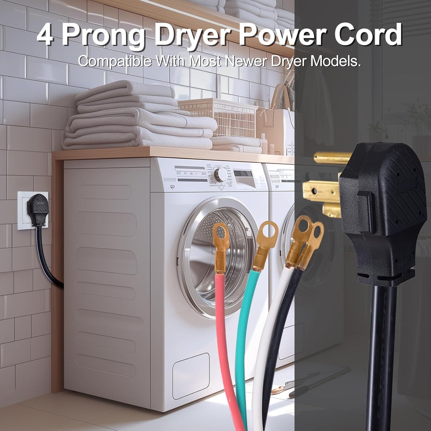 4-Prong Dryer Power Cord 30A, 5 Ft, 4-Color Wires, O-Ring Terminals, Pure Copper