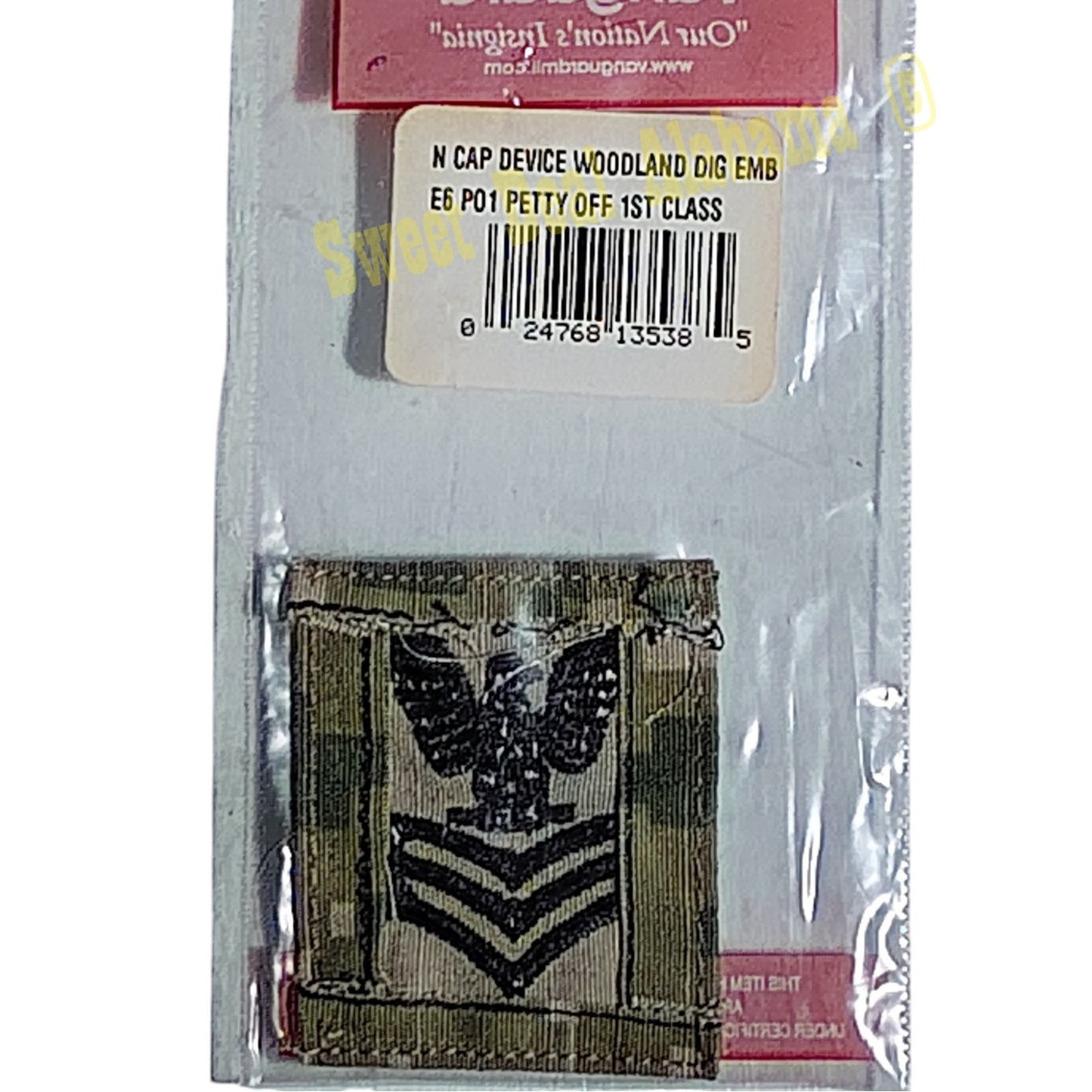 Navy Petty Officer 1st Class (E-6) Rank Sew-On Cap Device Insignia Emblem, Woodland Digital, 1-5/8"W x 2"H, NIP