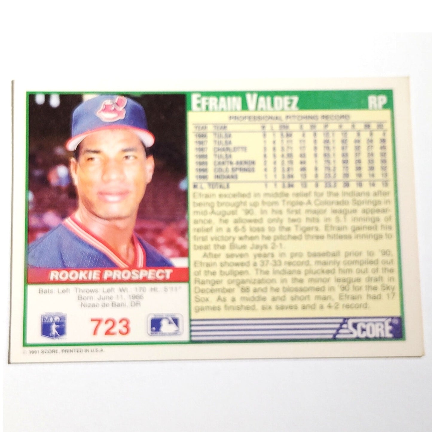 1991 Score Efrain Valdez #723 Cleveland Indians Pitcher Rookie Prospect Card NM