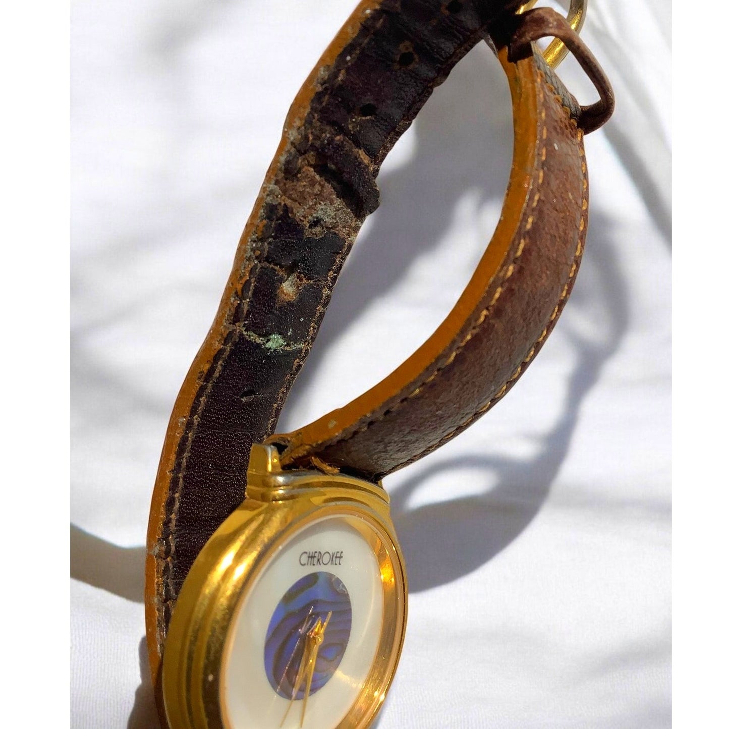 Vintage Cherokee Abalone Face Watch, 1-1/4"D, Leather Band, Needs Battery, EUC