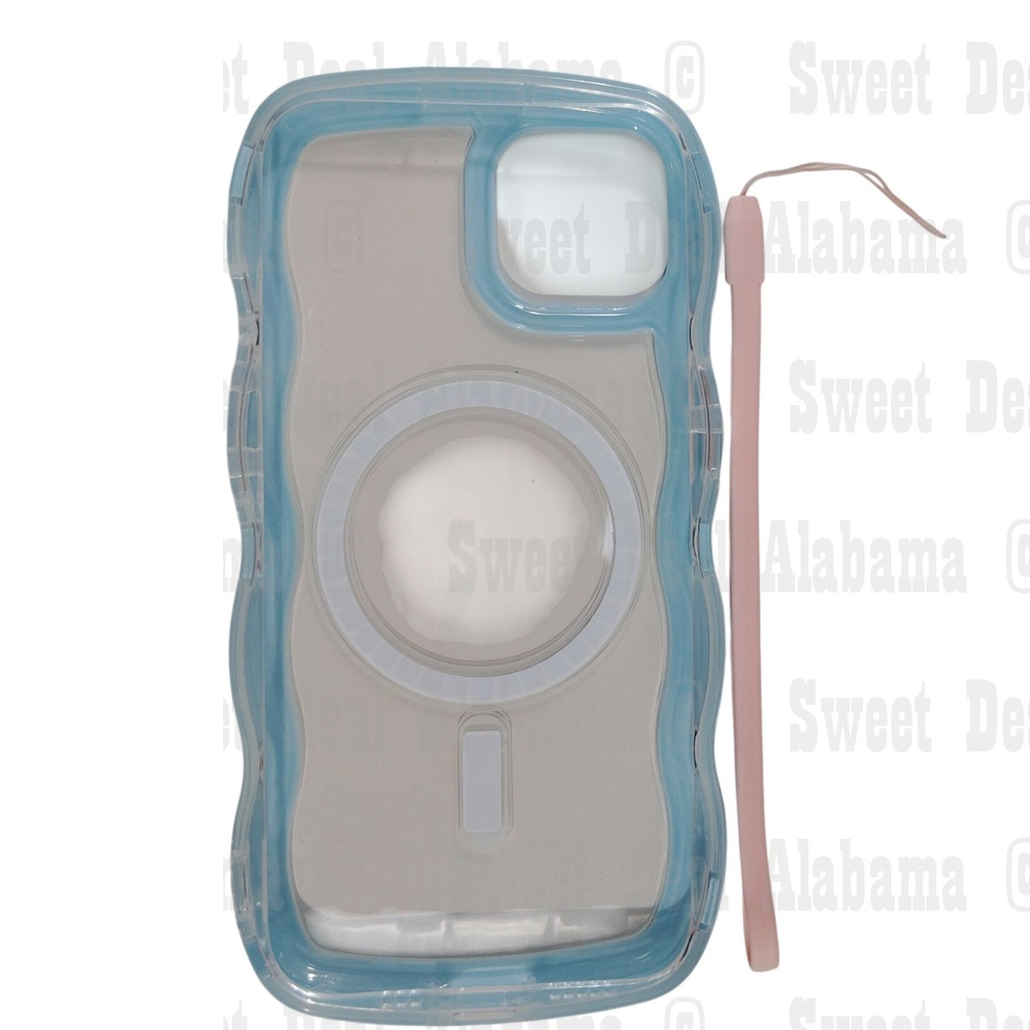 Skyseaco For iPhone 14 (6.1") Case, Clear w/ Blue, Pink Wrist Strap, Trim Case