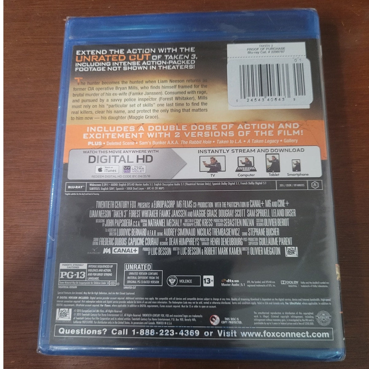 Taken 3 Unrated Blu-ray + Digital HD Combo Pack Liam Neeson Action Thriller 2015