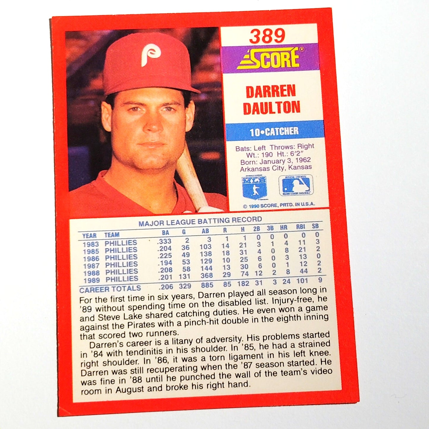 1990 Score Darren Daulton #389 Philadelphia Phillies Catcher MLB Baseball EX