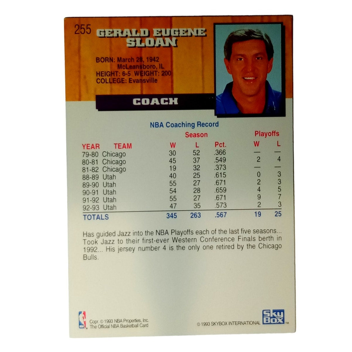 1993-94 NBA Hoops Basketball #255, Jerry Sloan (1942-2020), Utah Jazz, NM