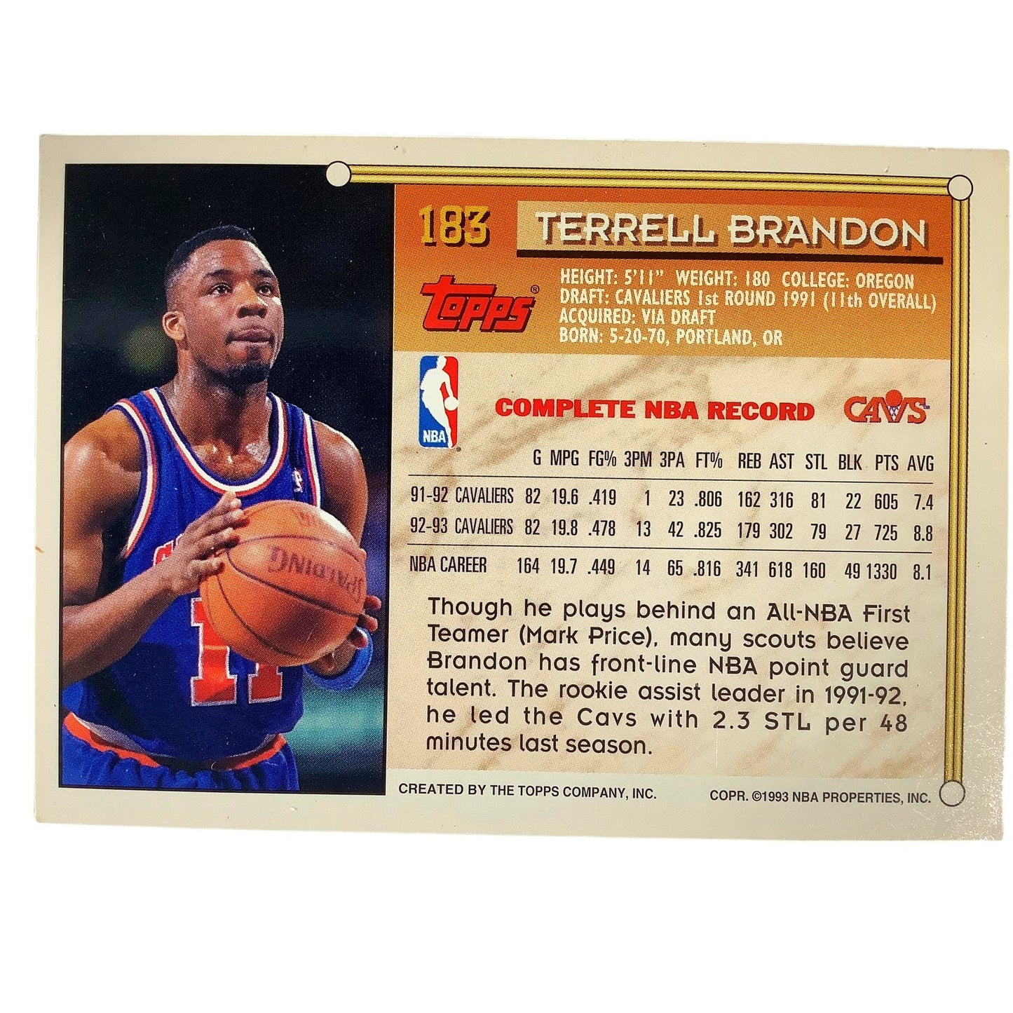 Terrell Brandon, Cavaliers, 1993 Topps Gold Insert Collector's Card 183, EXC