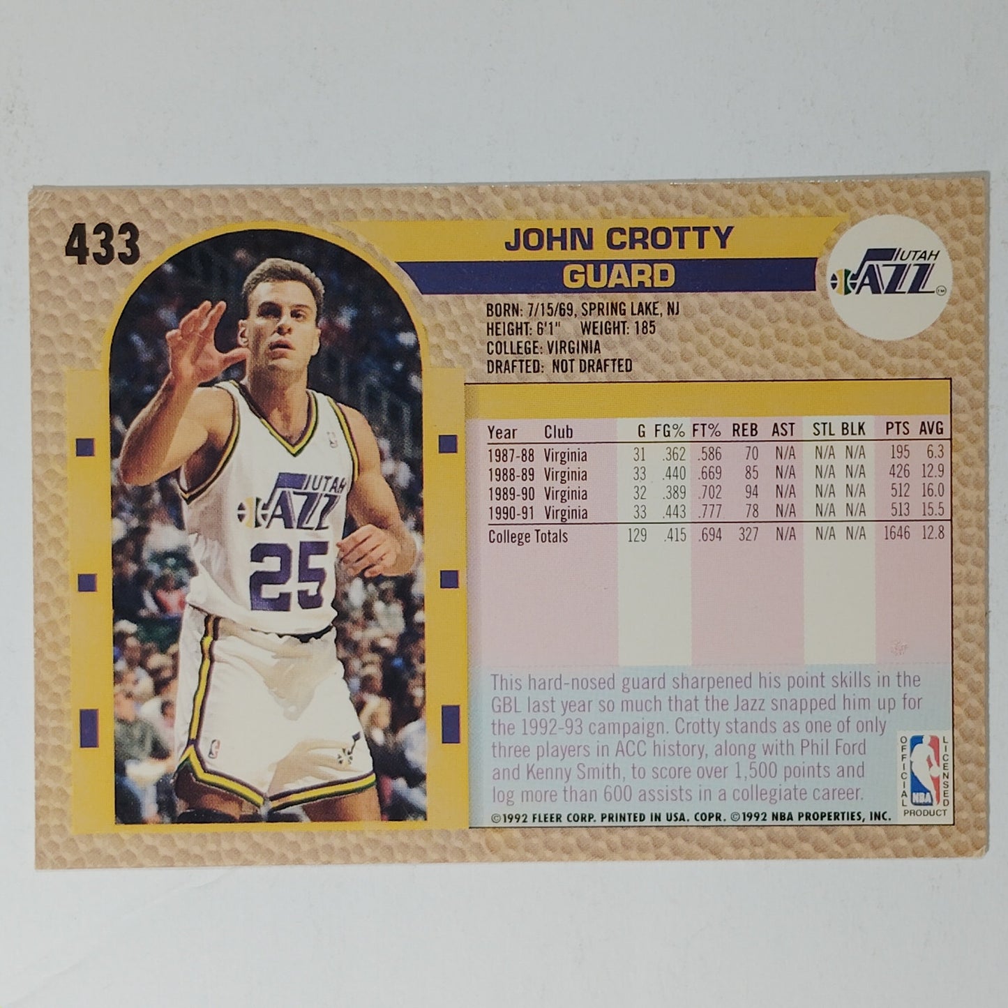 1992–93 Fleer Eric Crotty #433 – Utah Jazz – Guard – VG/EX