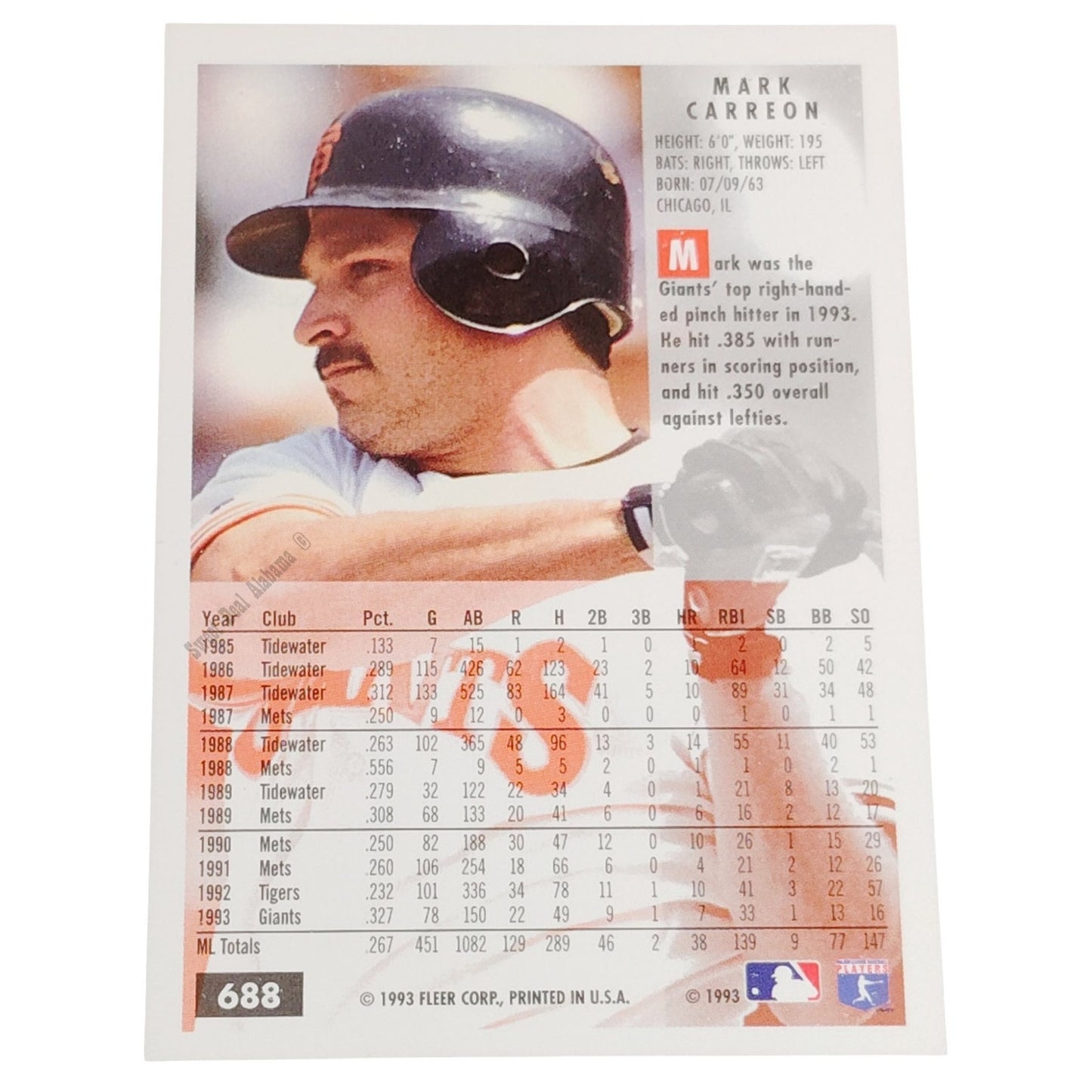 Mark Carreon, San Francisco Giants, #688, 1994 Fleer Baseball Collector's Card