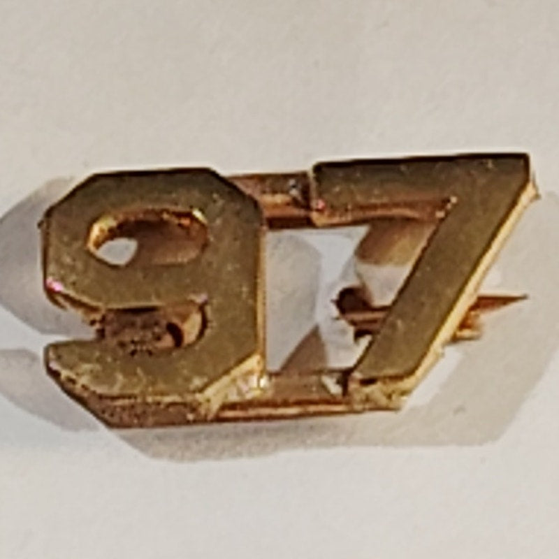 Early/Mid 1900s Brass C-Clasp "97" Collar Devices 3/8"H Hat / Lapel Pins Set
