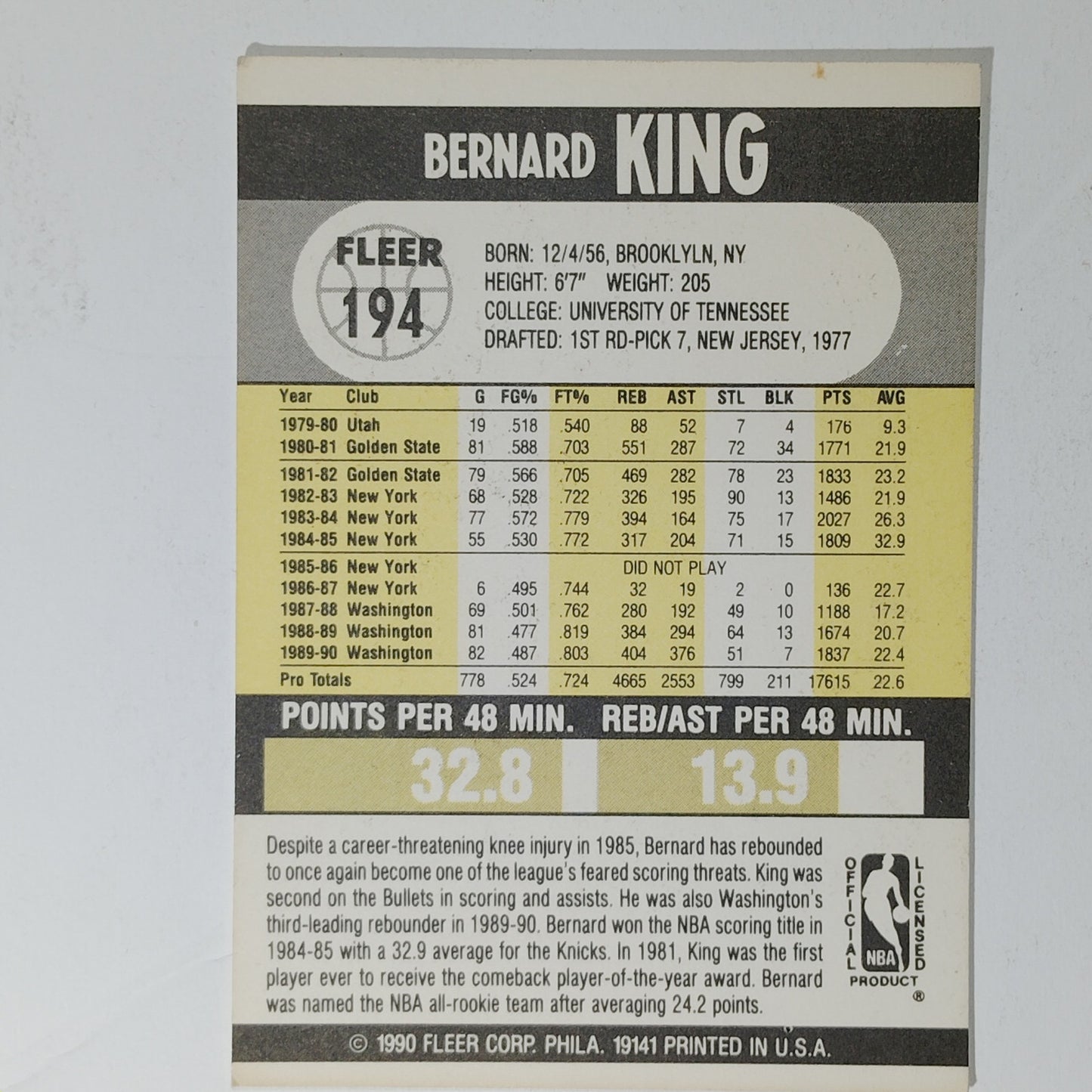 1990 Fleer Bernard King #194 – Washington Bullets – Forward – NBA Card