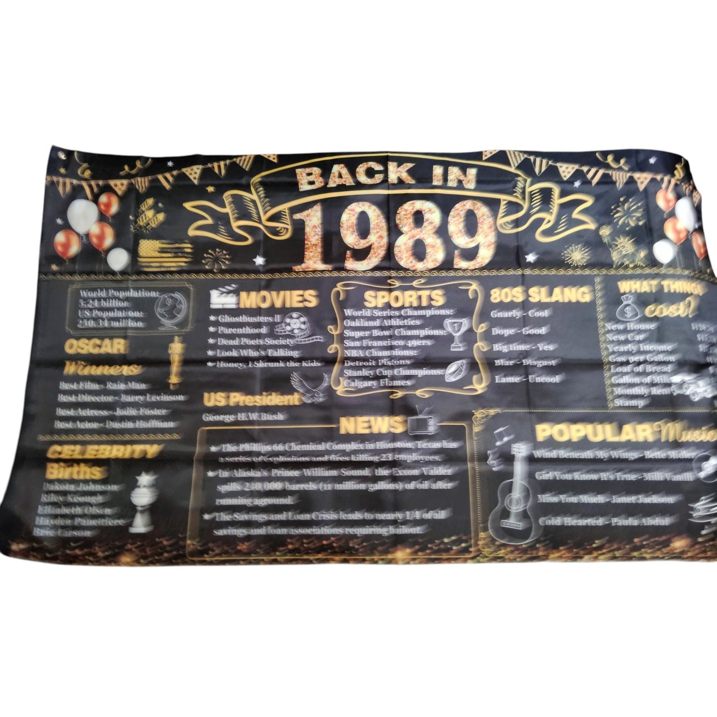Back in 1989 Banner – 6x3.6 ft Vintage Birthday/Reunion Party Trivia Poster, Photography Backdrop