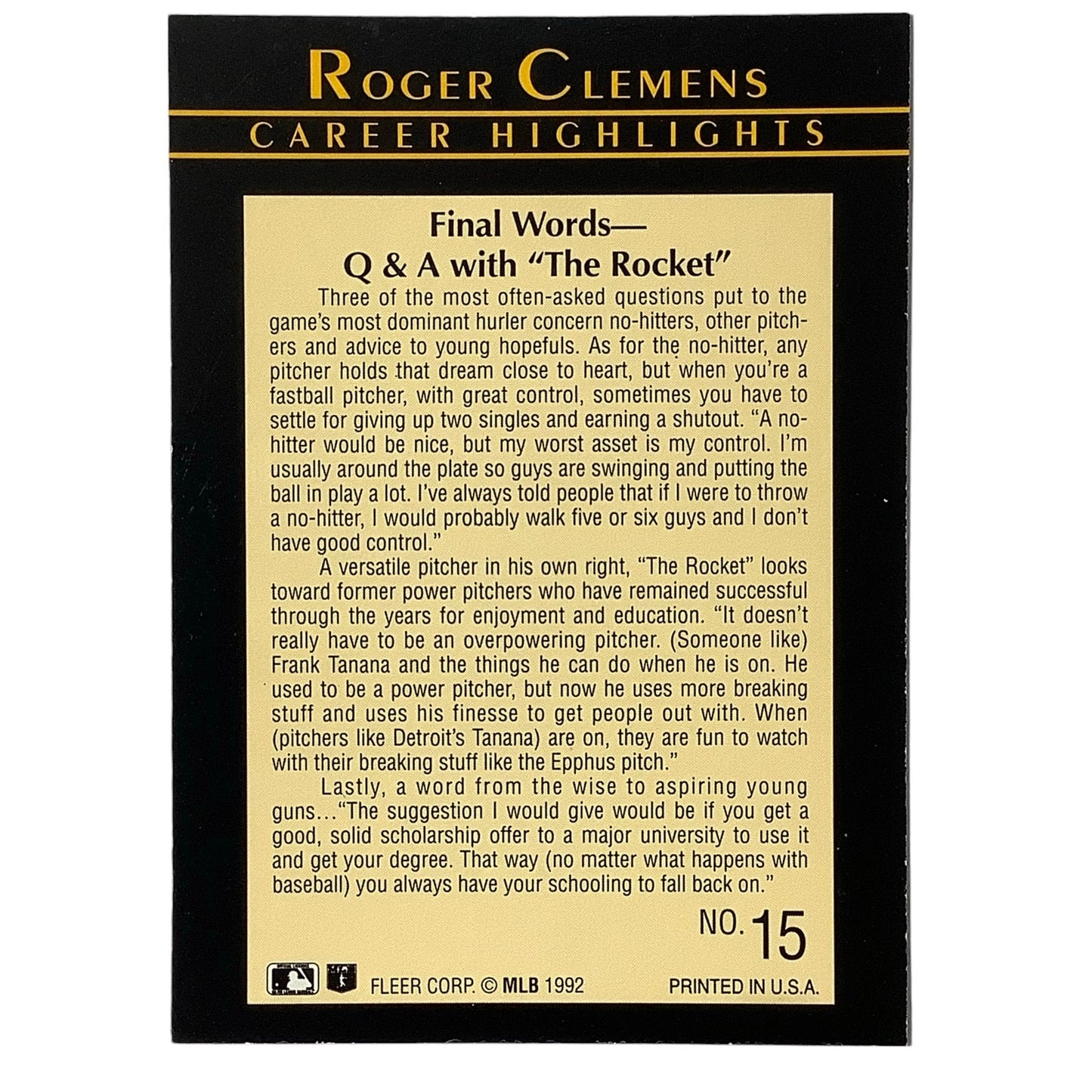 1992 Fleer Roger Clemens Career Highlights Card #15, Q&A w/ The Rocket, NM+