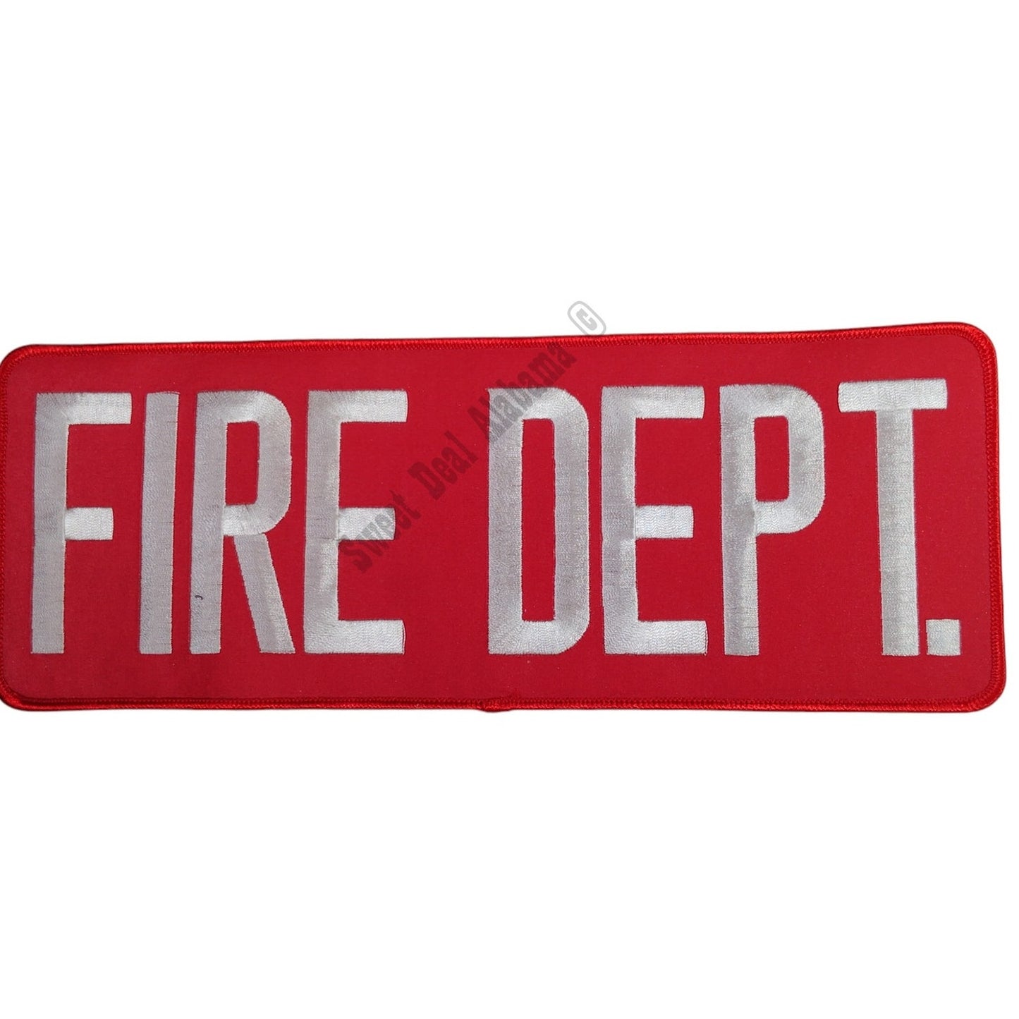 NOS, FIRE DEPT. 11" x 4" White Text, Red Background, Iron or Sew On Patch