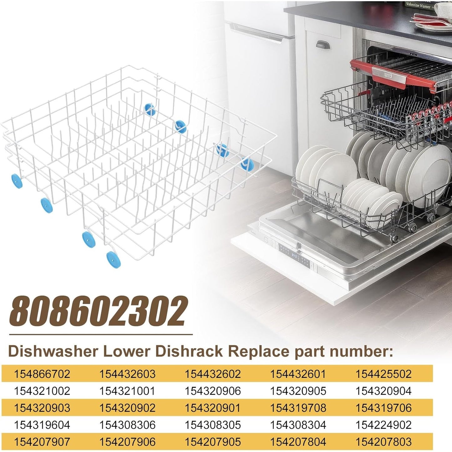 Dishwasher Lower Rack Fits Frigidaire/Kenmore, w/ Blue Wheels, Upgraded Coating