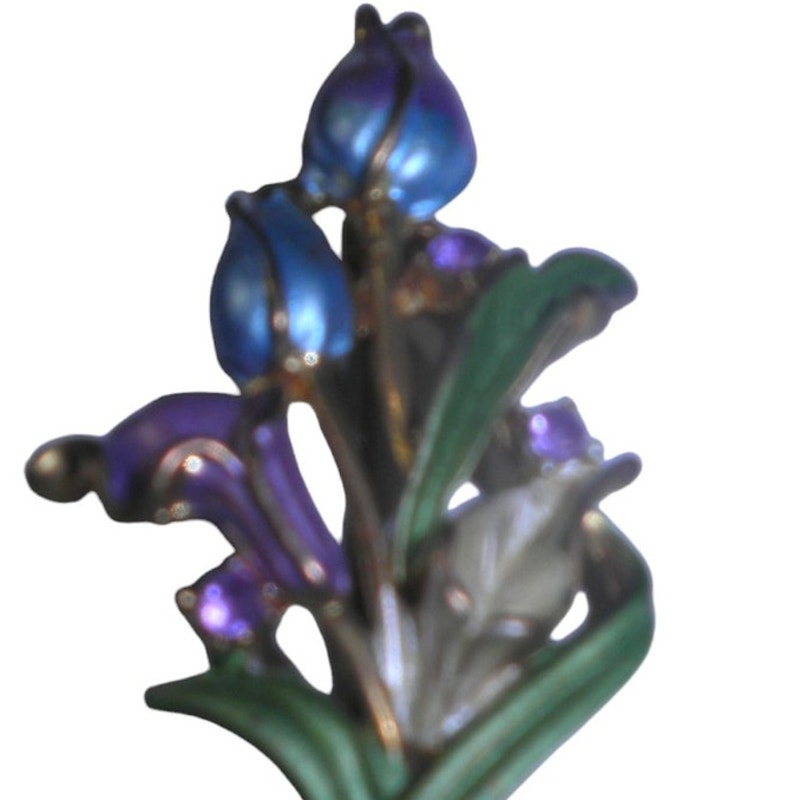 VTG Floral Bulbs Brooch w/ 3 Amethyst Colored Stones, Pastel Blue/Purple Bulbs
