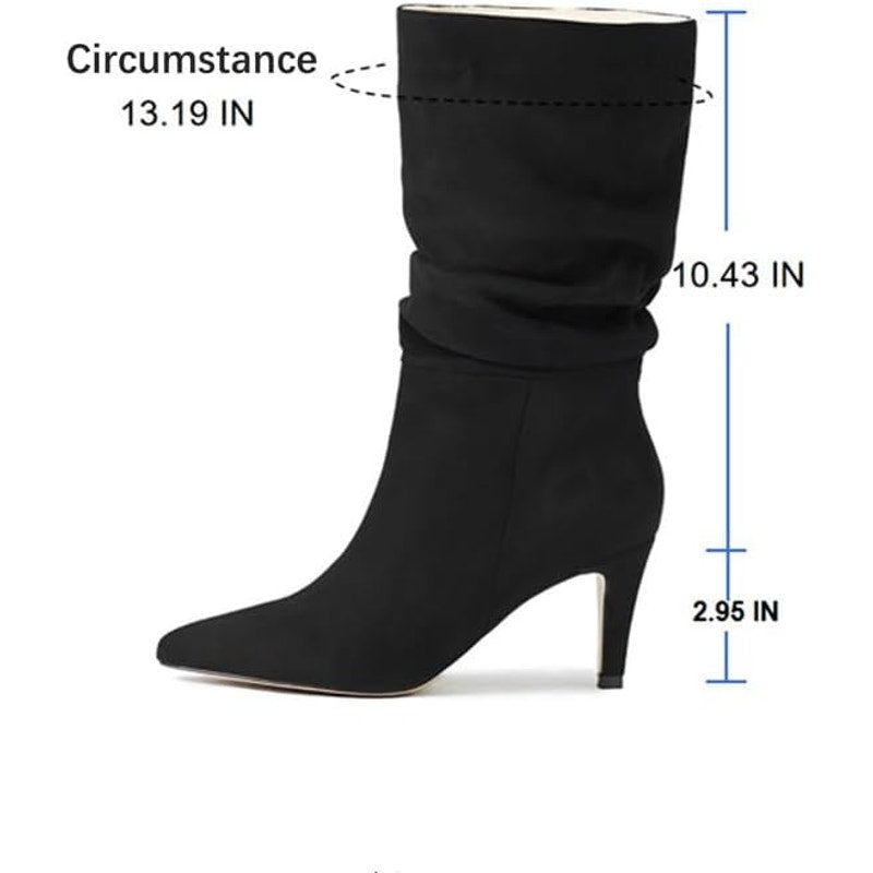 Mid Calf Boots Pleated Suede Stiletto Pointed Toe Slouchy Slip On Ankle Boots