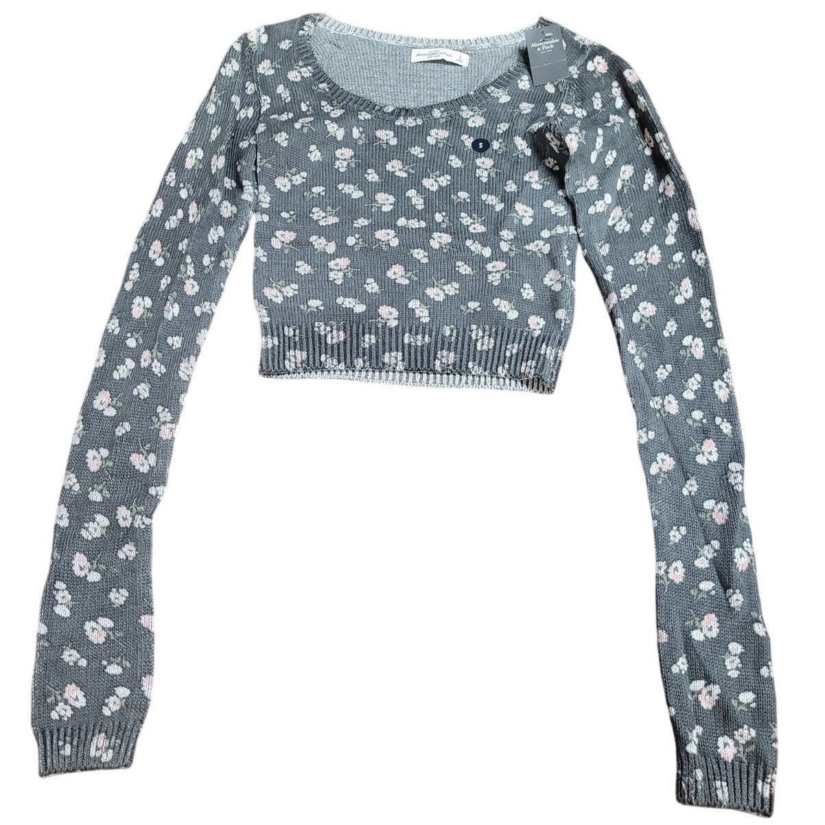 Gray Abercrombie & Fitch Cropped L/S Sweater With Floral Pattern, Size Small