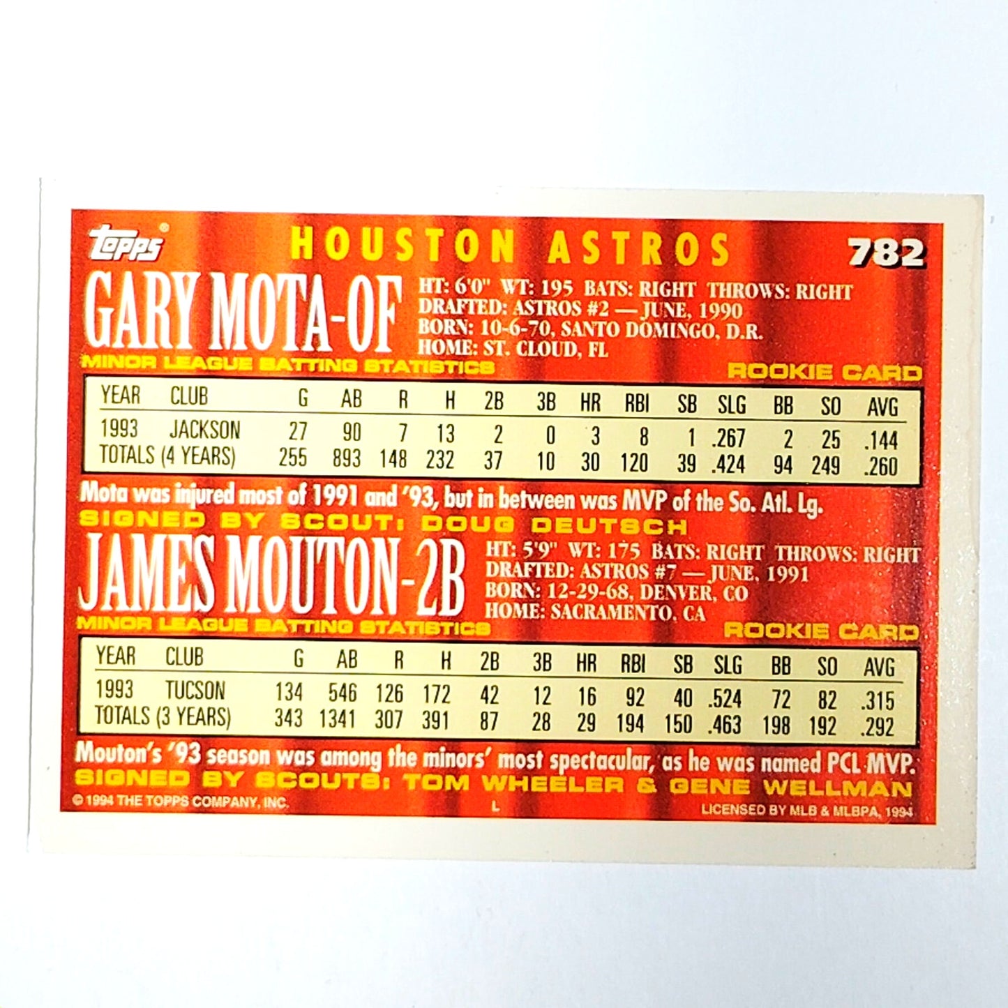 1994 Topps #782 Gary Mota / James Mouton Coming Attractions Houston Astros - VG/EX