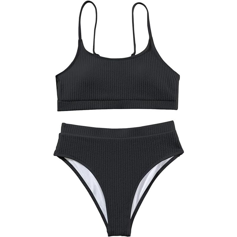Ribbed Sporty Brazilian Cheeky Cut Leg Rise Bottom Crop Push Up, Black, Small