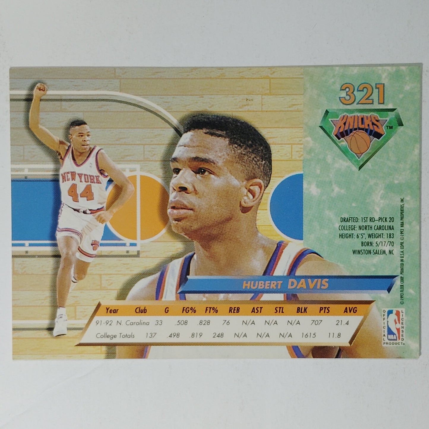 1992–93 Ultra Hubert Davis #321 – New York Knicks – Rookie – VG/EX