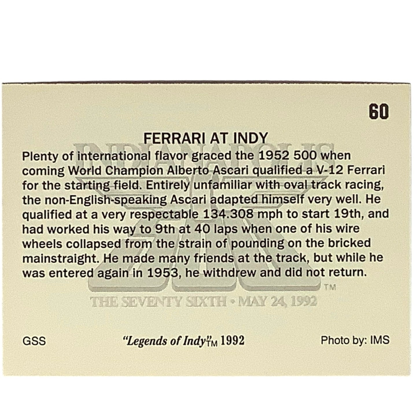 1952 Indy 500 Alberto Ascari's V-12 Ferrari, 1992 Legends of Indy, Card 60, NM+
