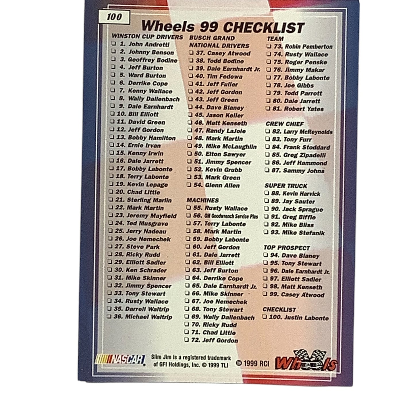 Justin Labonte, Top Prospect #44, Checklist, 1999 Wheels Rookie Card 100, NASCAR