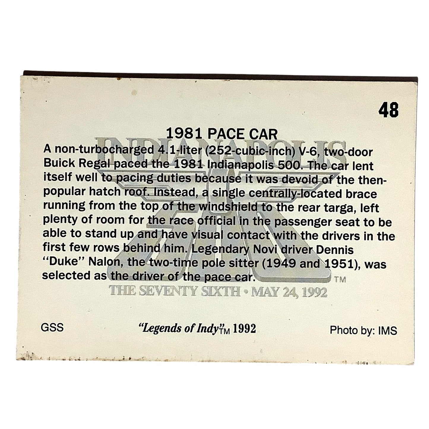 1981 Buick Regal Pace Car, Indy 500, 1981 Action, 1992 Legends of Indy, Card #47