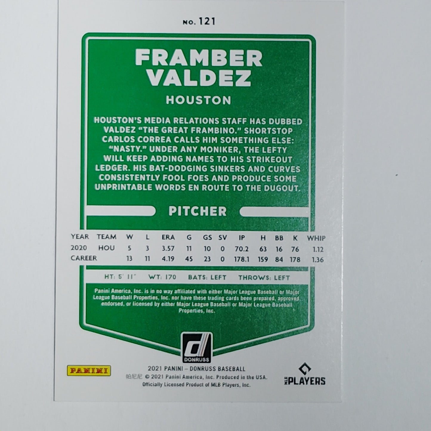 2021 Donruss Framber Valdez #121 Houston Astros Pitcher Action Shot - VG/EX