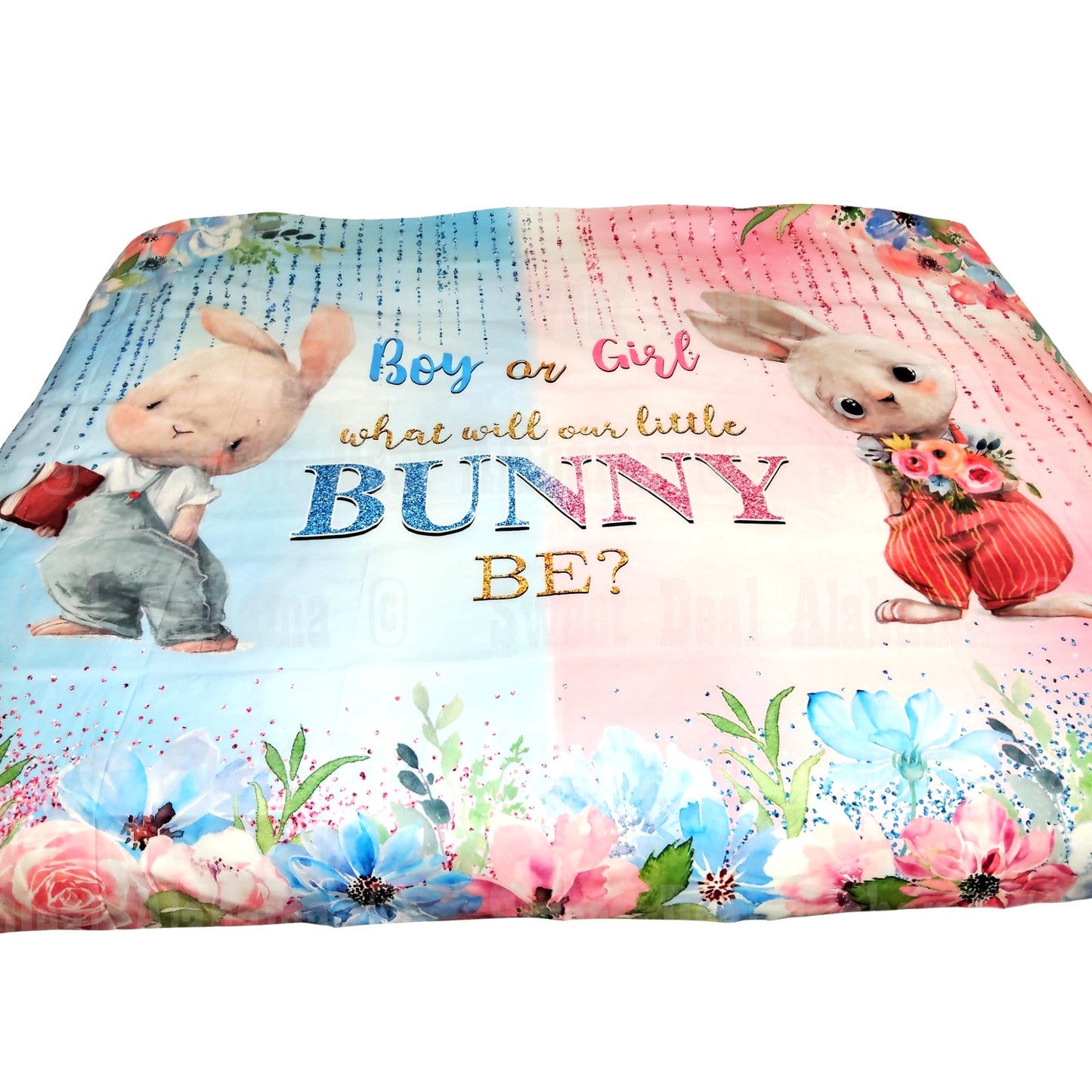 Bunny Gender Reveal Backdrop "Boy Or Girl What Will Our Little Bunny Be?" 6'H x 9'L