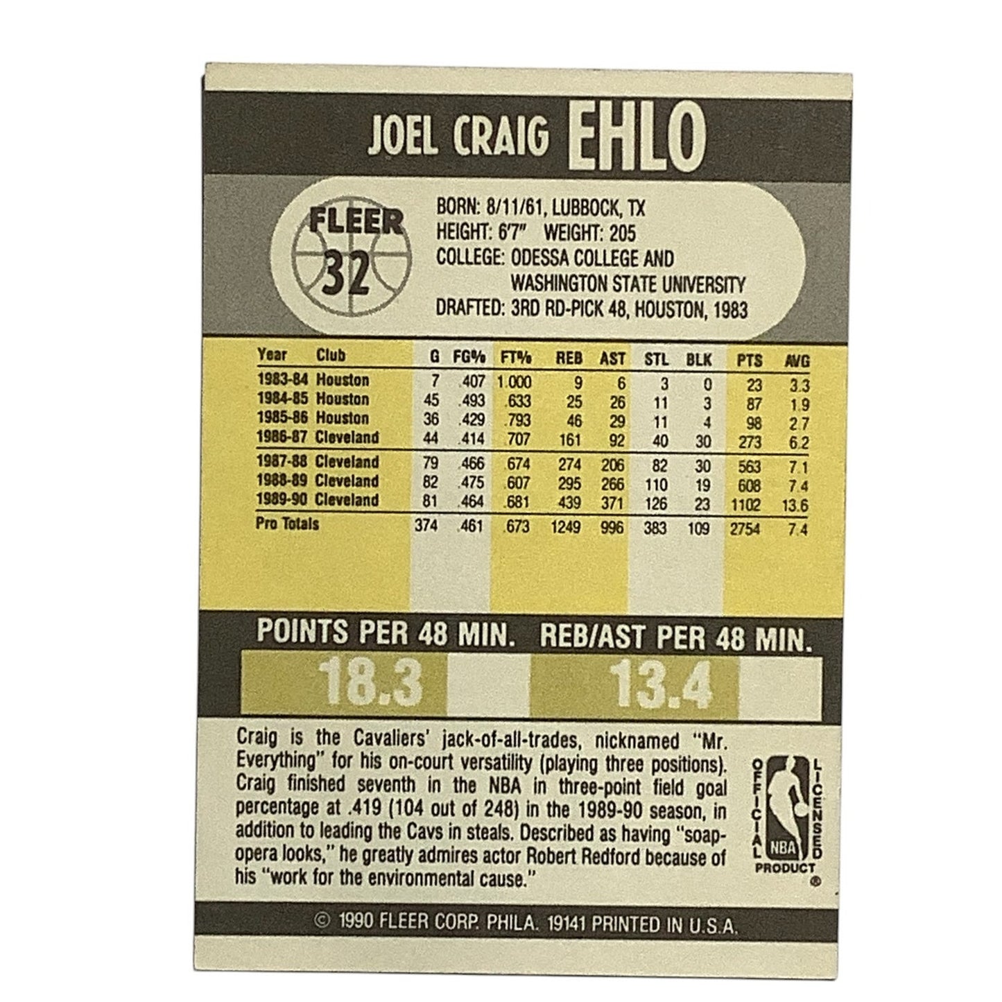Craig Ehlo, Cleveland Cavaliers, NBA, Fleer 1990, Card 32, EX/NM