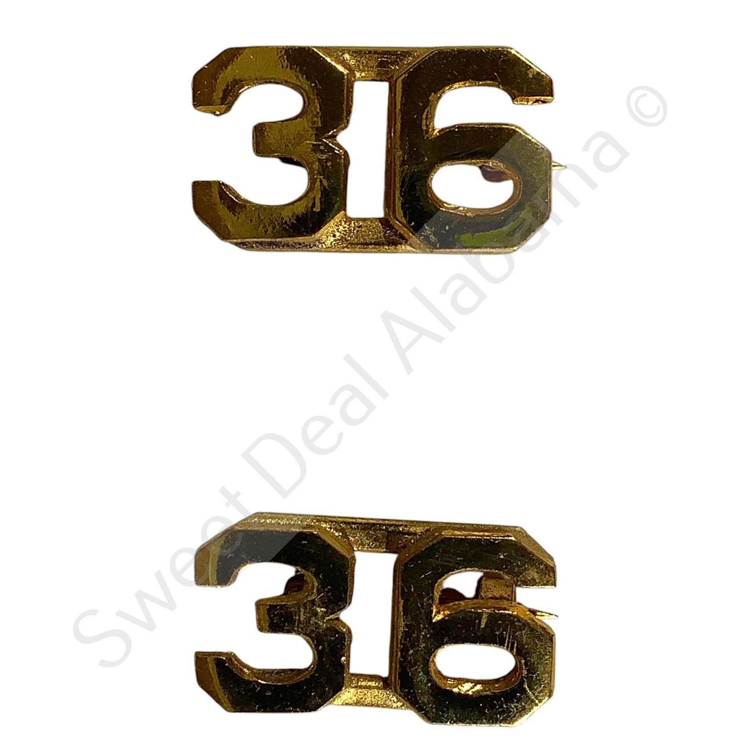 WWI Era Numeric "36", Brass Military C-Clasp Hat / Lapel / Collar Pins Set 3/8"H
