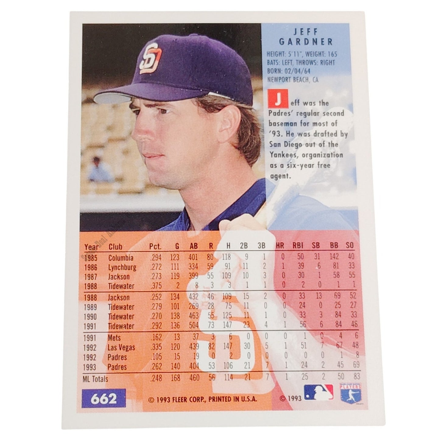 Jeff Gardner, San Diego Padres, #662, 1994 Fleer Baseball Collector's Card