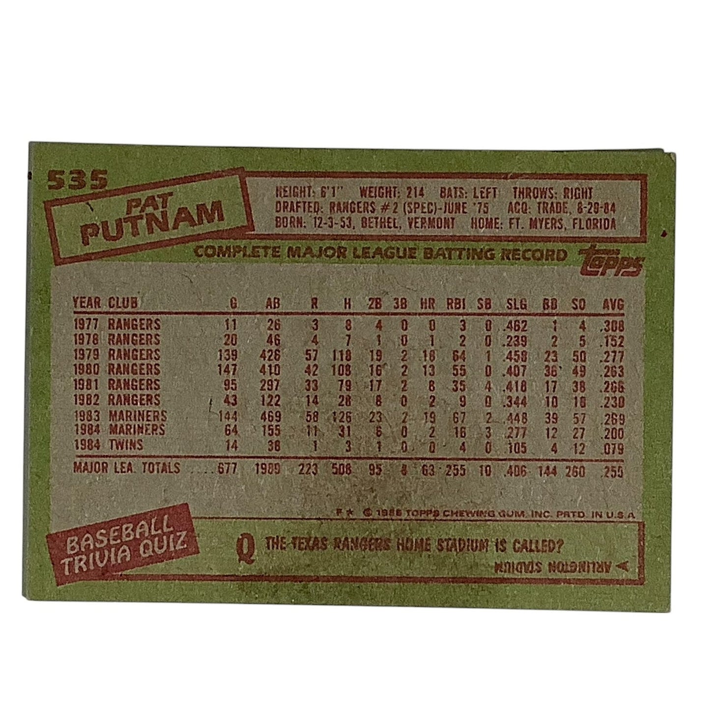 Pat Putnam, Minnesota Twins, MLB, 1985 Topps Card 535, EX/NM