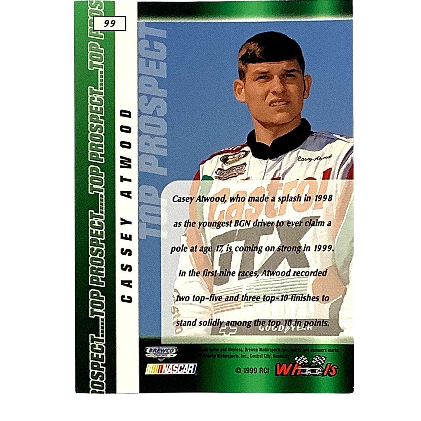 Casey Atwood, Top Prospect #17, Castrol GTX, 1999 Wheels Rookie Card #99, NASCAR