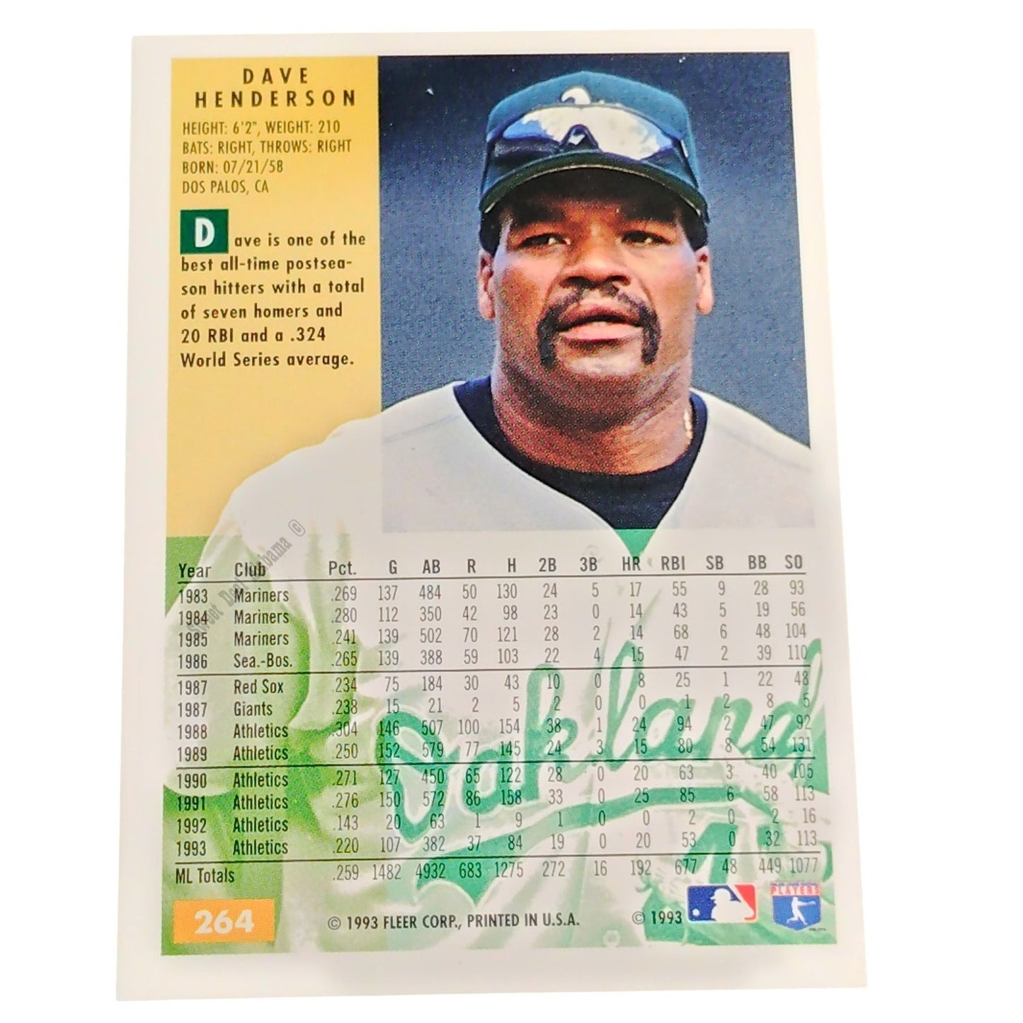 Dave Henderson, Oakland Athletics (A's), #264 1994 Fleer Baseball Card