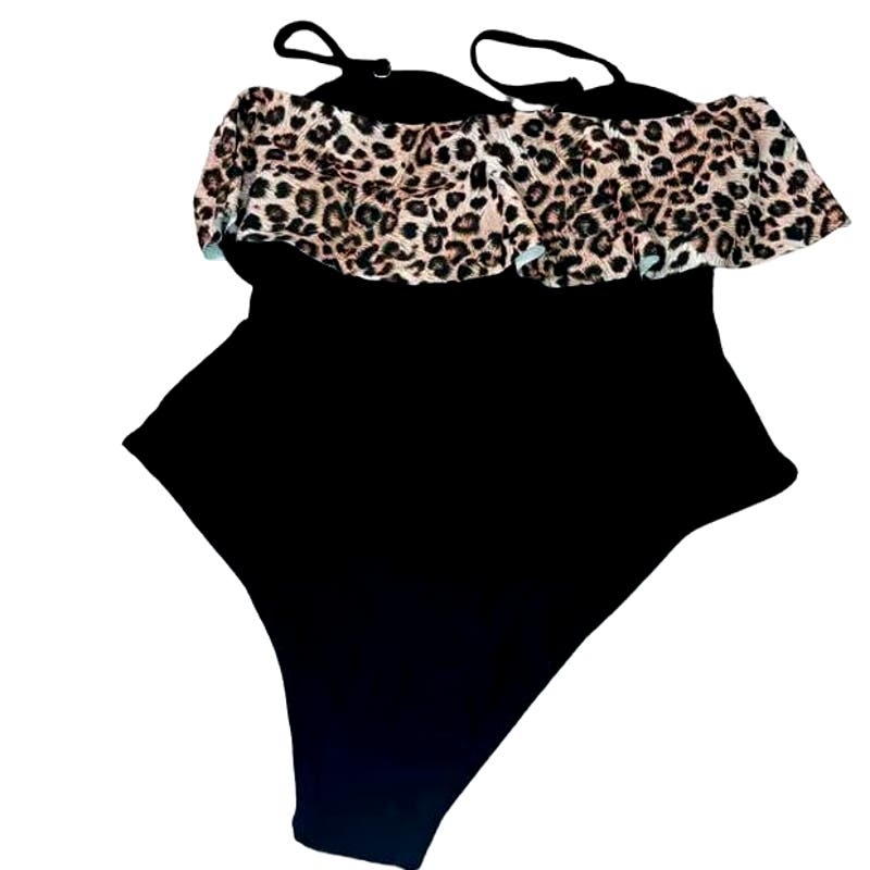 VIMPUNEC Ruched Cutout One Piece, Lace Up, Elegant Ruffled Leopard, L (10-12)