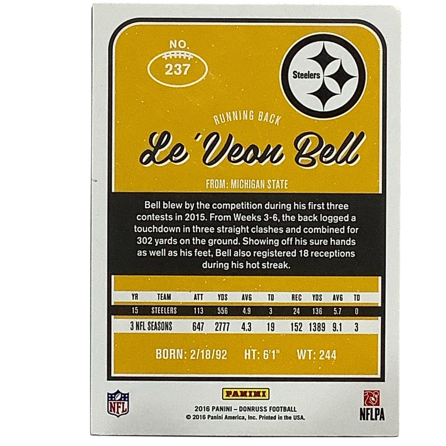 Le'Veon Bell, Pittsburgh Steelers, NFL 2016 Panini Donruss Card 237, EX/NM