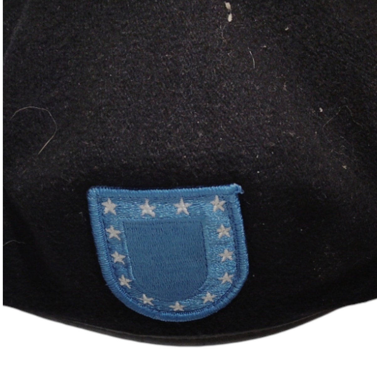 Army Beret Cap, Black, Size 6-3/4 w/ Army Blue Flash Patch, DSCP Garrison Collection, 100% Wool, EUC