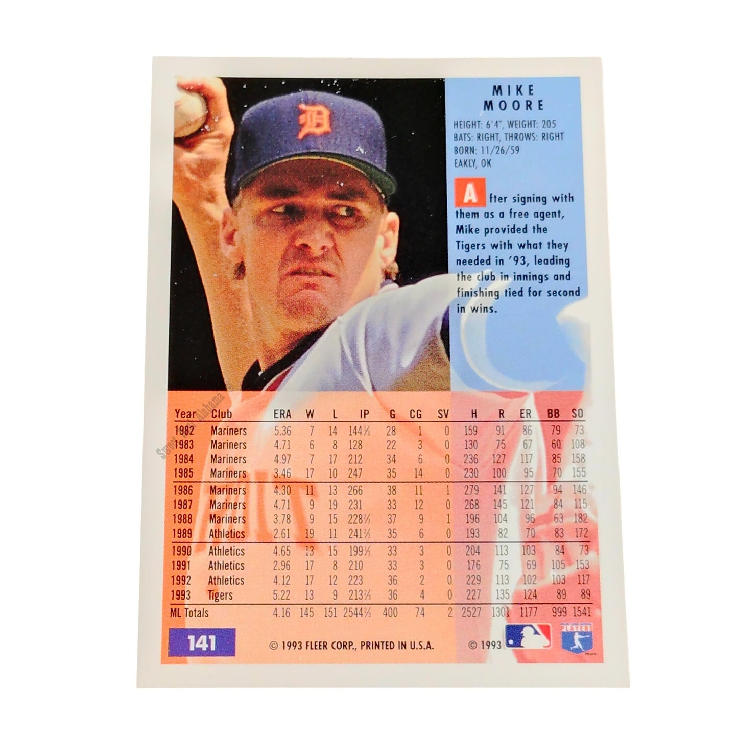 Mike Moore, Detroit Tigers, #141, 1994 Fleer Baseball Collector's Card